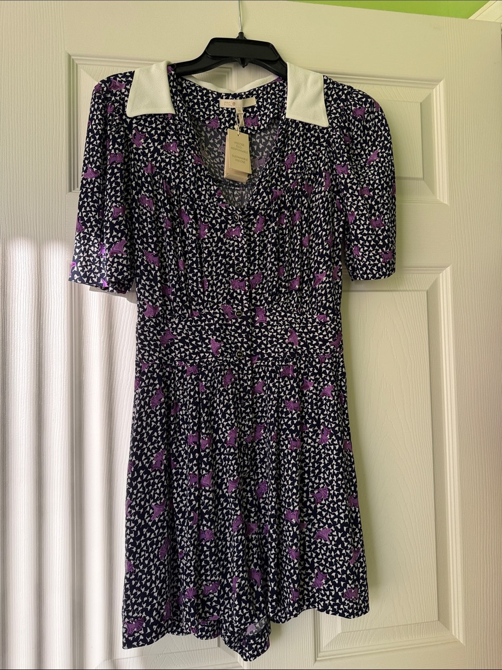 Maje Black and Purple Printed Short Sleeve Dress with White Collar